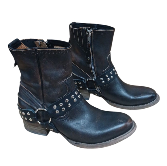 Freebird By Steven Ramone Brown Distressed Studded Harness Leather Boots Size 8 - Picture 1 of 10